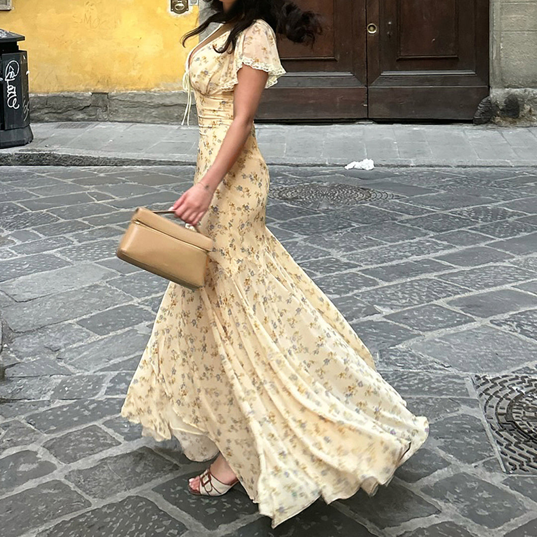 Damen Maxikleid mit romantischem Blumenmuster und verspieltem V-Ausschnitt EB