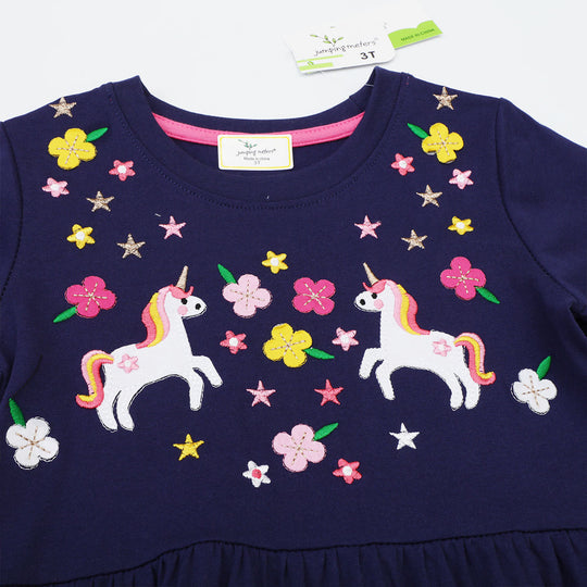 Mädchen Baumwollkleid mit zauberhaften Einhorn- und Blumendesigns EB
