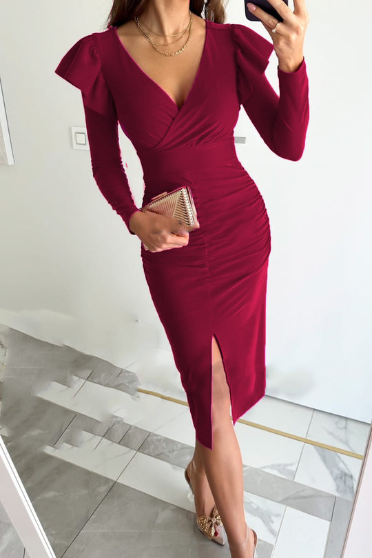 Damen Wickelkleid mit Raffungen und voluminösen Ärmeln EB