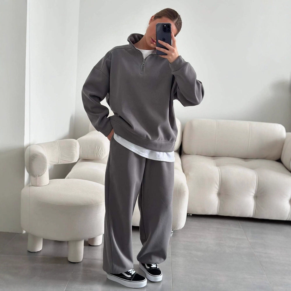 Damen gemütliches Fleece-Loungewear-Set mit Stehkragen und Reißverschluss EB