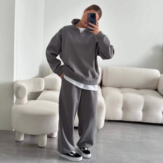 Damen gemütliches Fleece-Loungewear-Set mit Stehkragen und Reißverschluss EB