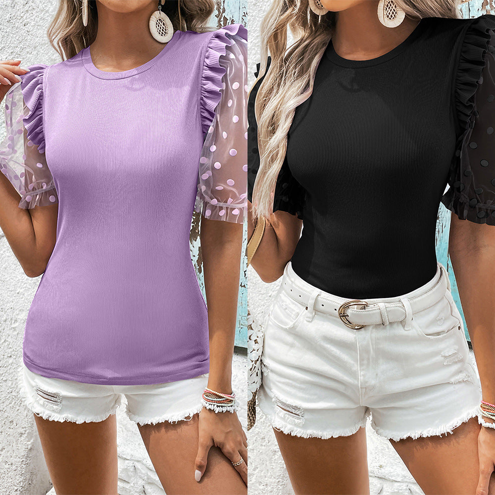 Damen modisches Oberteil mit transparenten Puffärmeln und Rüschendetails EB