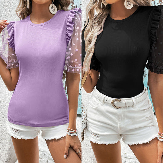 Damen modisches Oberteil mit transparenten Puffärmeln und Rüschendetails EB