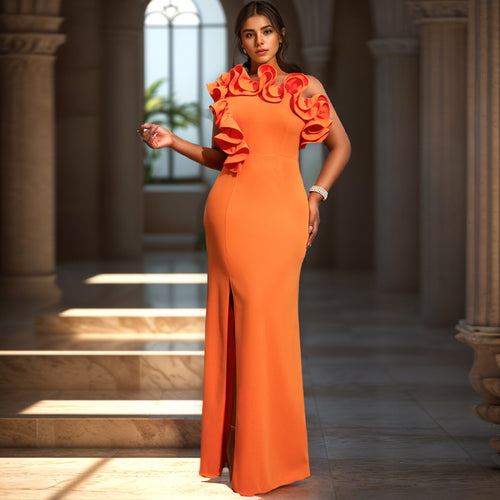 Damen Elegantes Maxikleid mit asymmetrischem Rüschenakzent und sexy Schlitz EB