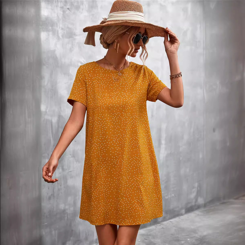 Damen lässiges Polka-Dot Kleid mit kurzem Arm und bequemem Schnitt EB