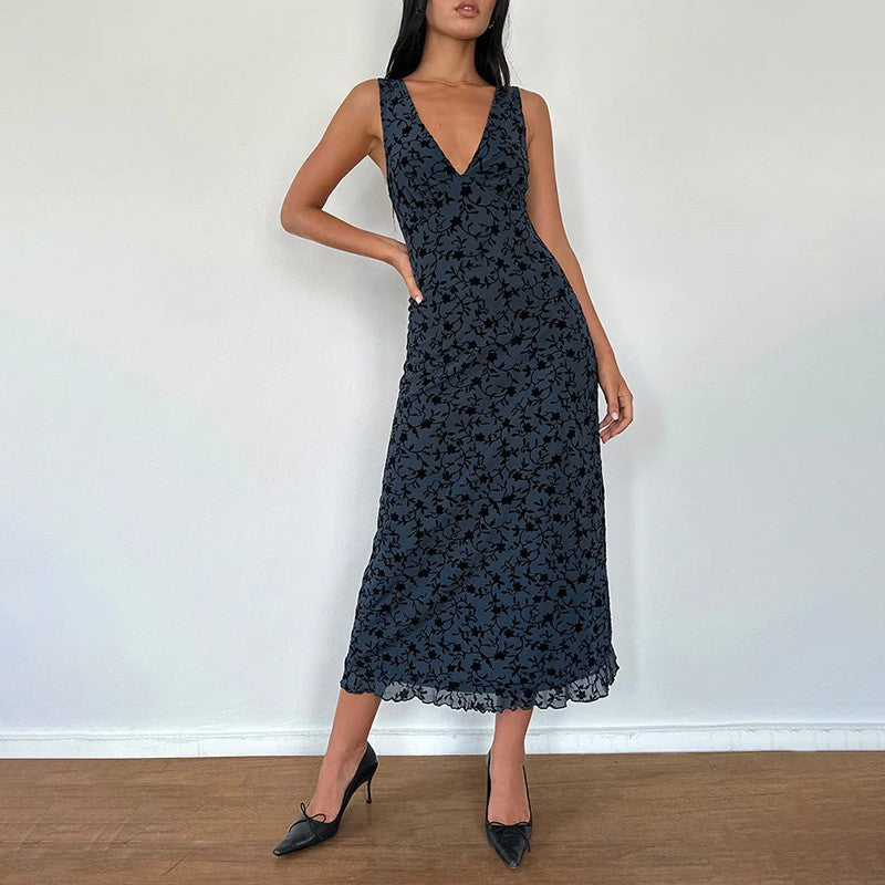 Damen Maxikleid mit floralem Spitzenmuster und tiefem V-Ausschnitt EB