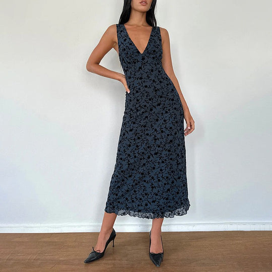 Damen Maxikleid mit tiefem V-Ausschnitt und floralem Spitzenmuster EB