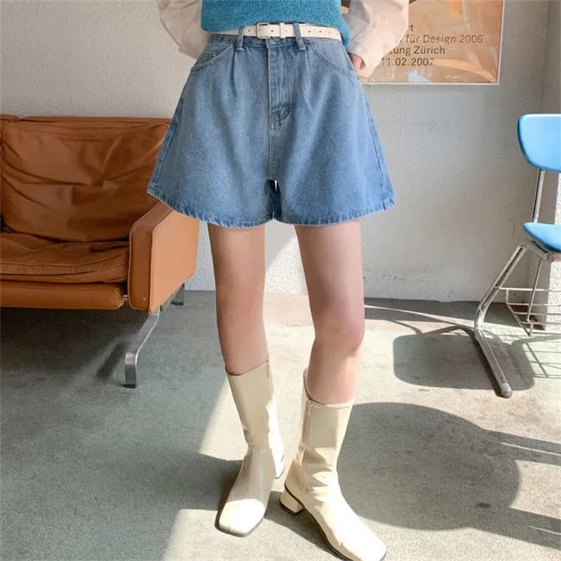 Damen Freizeit Jeans-Shorts mit hohem Bund und elastischem Gürtel EB