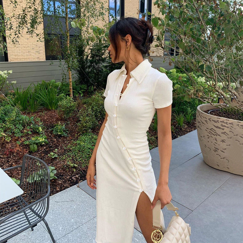 Damen Midi-Kleid mit Knopfdetail und seitlichem Schlitz EB