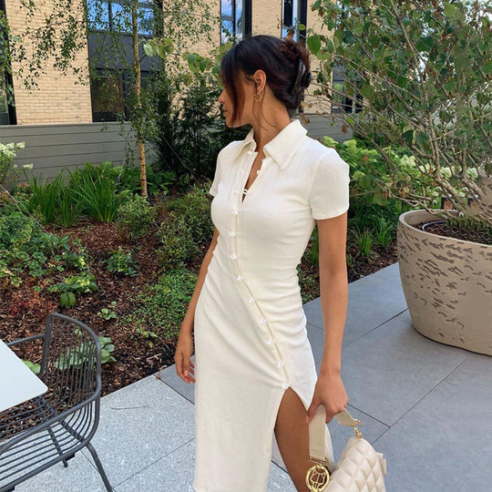 Damen Midi-Kleid mit Knopfdetail und seitlichem Schlitz EB