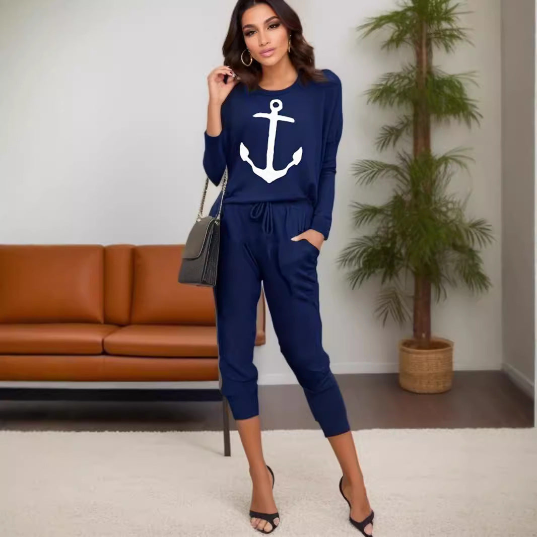 Damen lässiger Freizeitanzug mit Anker-Print und bequemen Taschen EB