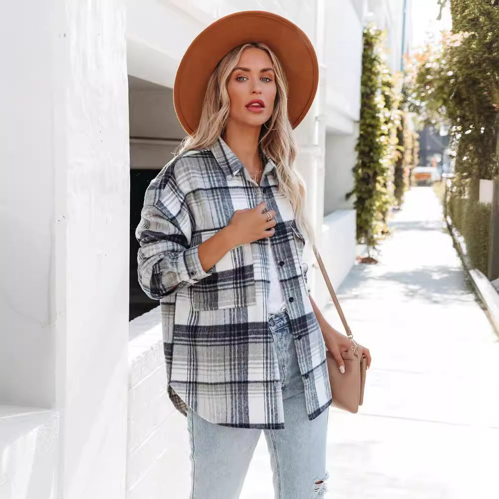 Damen Plaid Oversized Hemdjacke mit zwei Taschen und lässigem Schnitt EB
