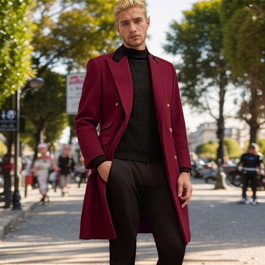 Herren moderner Urban-Mantel mit doppelter Knopfleiste und Samtkragen EB