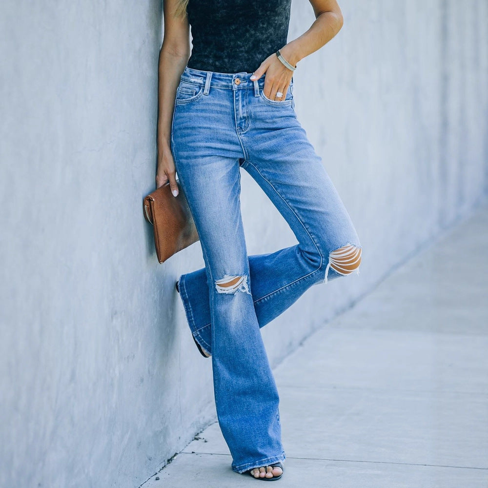 Damen Flared Jeans mit modischen Rissen und hohem Bund EB