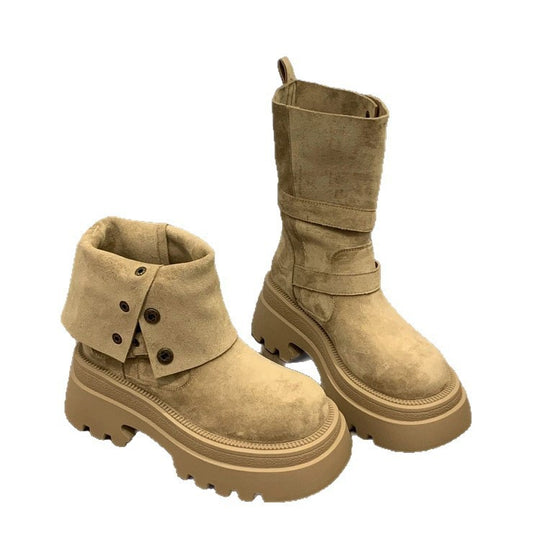 Damen Bequeme und modische Chunky Stiefeletten mit Schnalle und Profilsohle EB