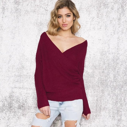 Damen Wickelpullover mit tiefem V-Ausschnitt und eleganter Struktur EB
