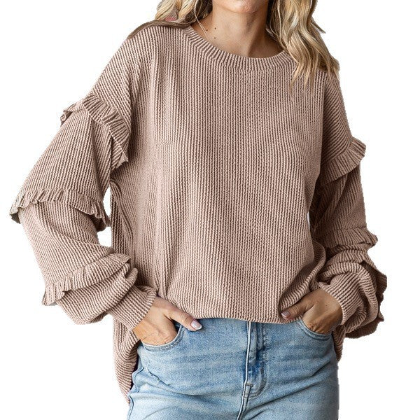 Damen Pullover mit Rüschendetails und farbenfrohem Strukturdesign EB