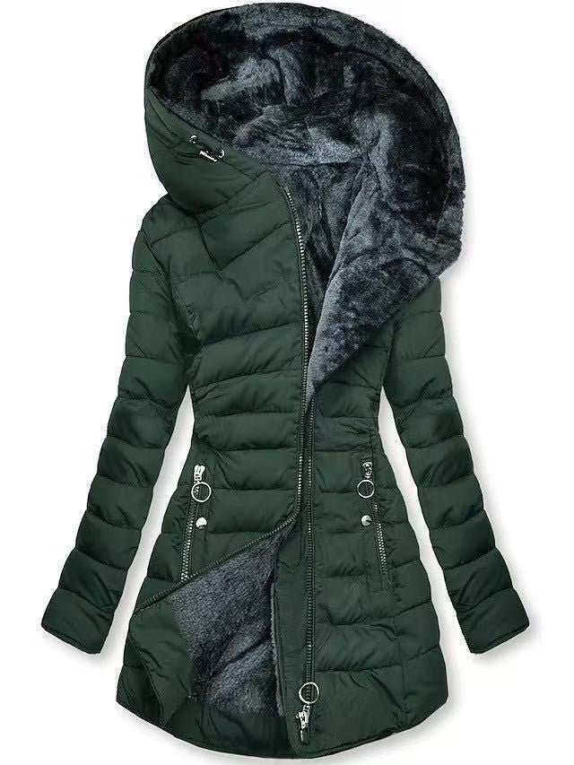 Damen Taillierter Steppmantel mit Oversize-Kapuze, kuscheligem Teddyfutter und Zierringen am Reißverschluss EB