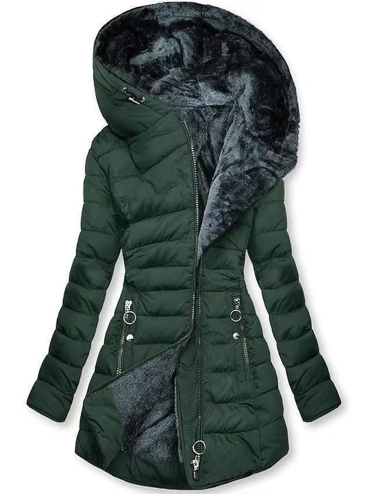 Damen Taillierter Steppmantel mit Oversize-Kapuze, kuscheligem Teddyfutter und Zierringen am Reißverschluss EB