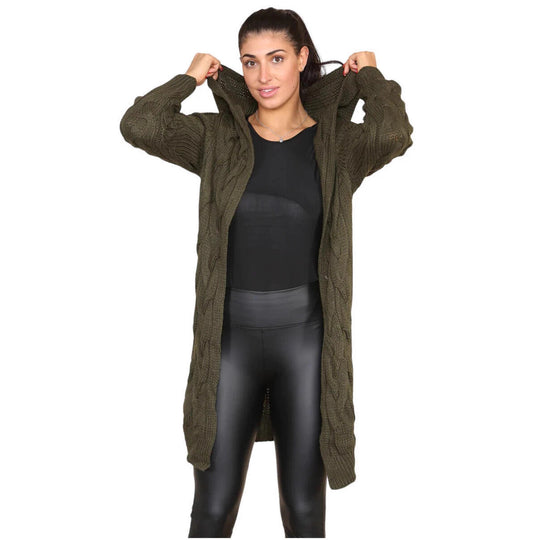 Damen Strickmantel mit Kapuze und kunstvollem Zopfmuster EB