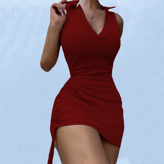 Damen figurbetontes Minikleid mit tiefem V-Ausschnitt und Raffungen EB