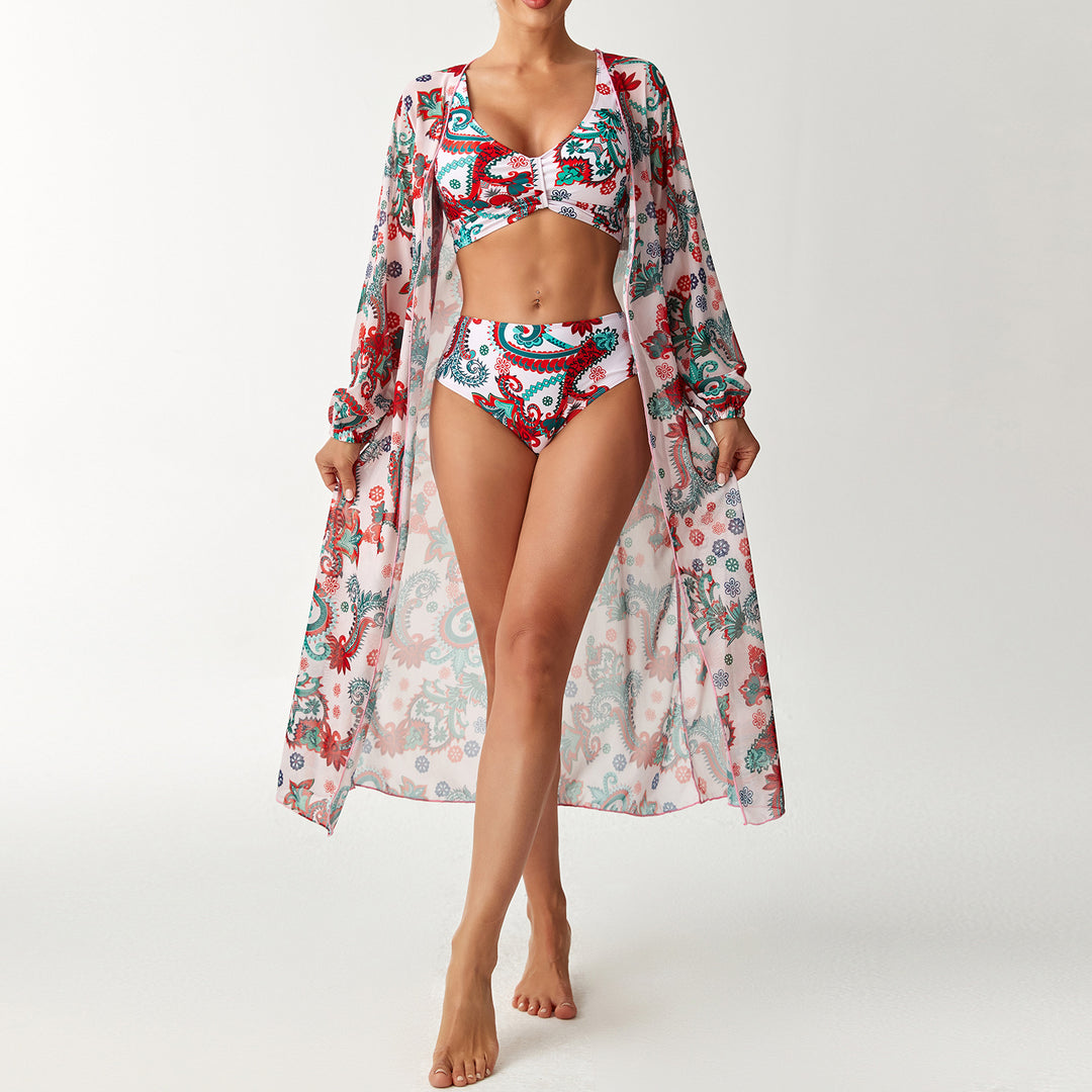 Damen Bikini-Set mit floralem Design und transparentem Cover-Up EB