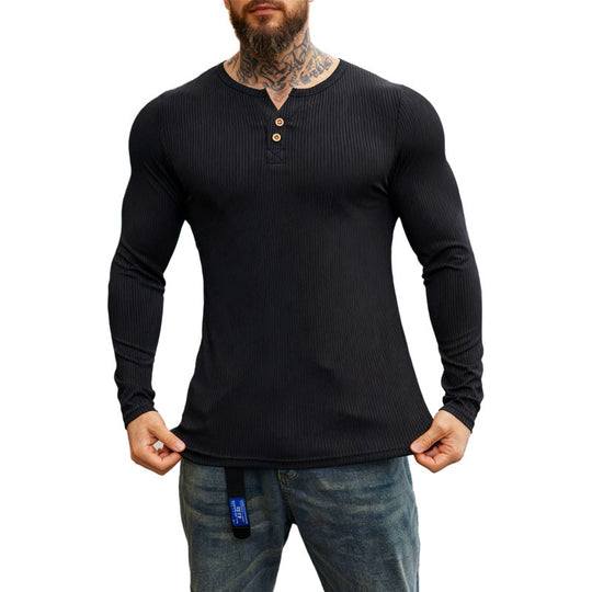 Herren nan geripptes Langarm-Henleyshirt mit flacher Knopfleiste und körperbetonter Stretch-Passform EB