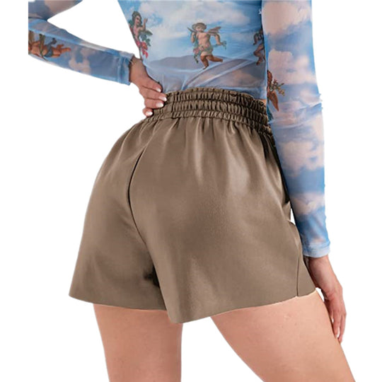 Damen lässige Shorts aus innovativem Kunstleder mit elastischem Bund und praktischen Knopfdetails EB