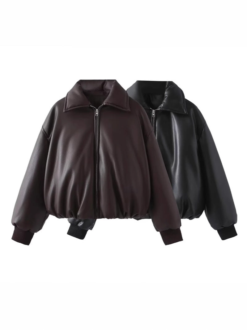 Damen lässige Kunstlederjacke mit voluminösem Schnitt und praktischen Taschen EB