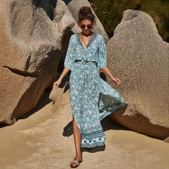 Damen Maxikleid mit floralem Boho-Design und tiefem V-Ausschnitt EB