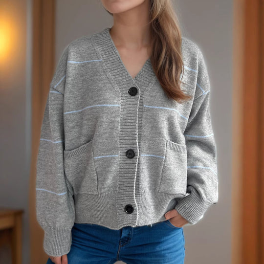 Damen lässige Strickjacke mit praktischen Taschen und modischen Kontraststreifen EB