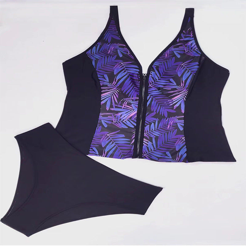 Damen Sportlicher Tankini mit floralem Reißverschluss EB