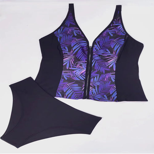 Damen Sportlicher Tankini mit floralem Reißverschluss EB