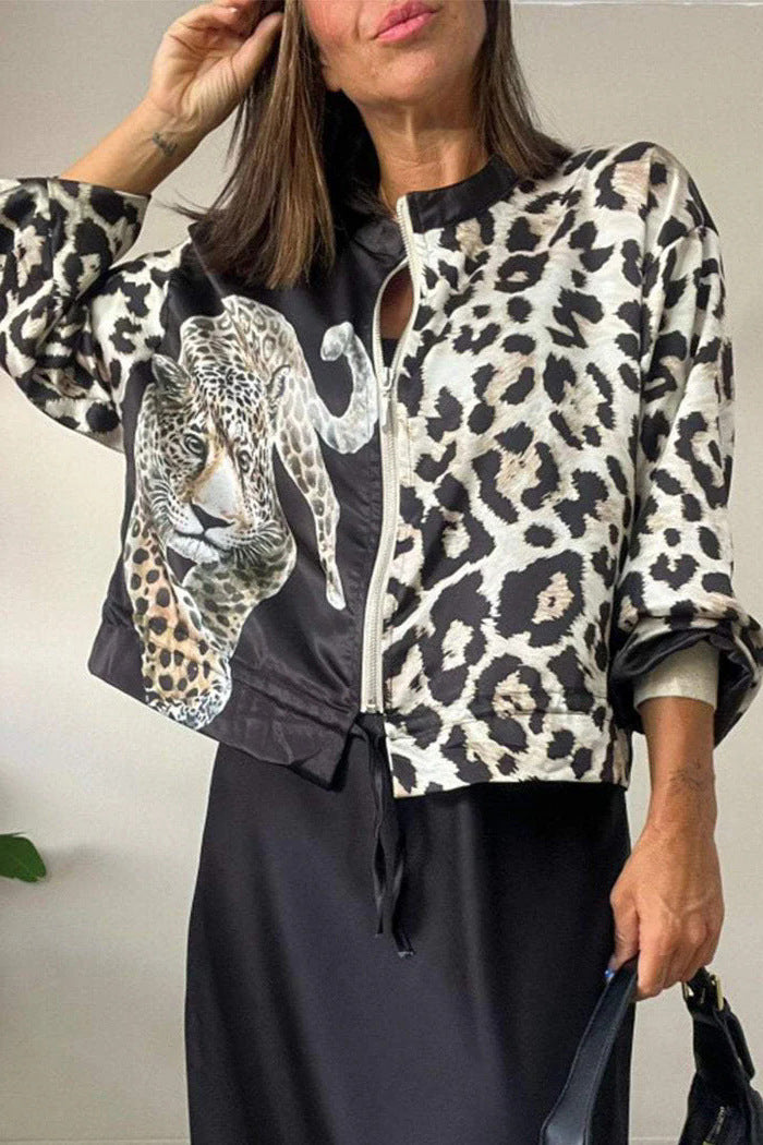 Damen entspannte Bomberjacke mit extravagantem Leoparden-Motiv EB