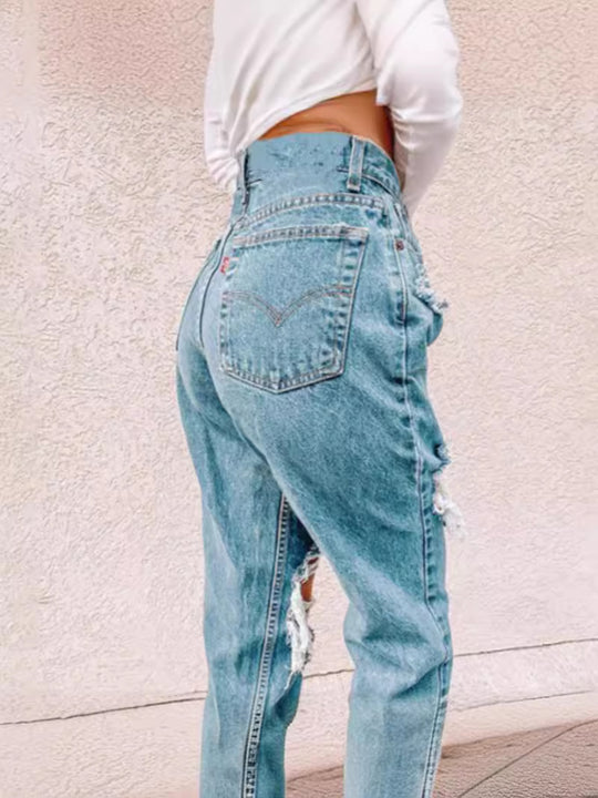 Damen Hochtaillierte Ripped Jeans mit fransigen Details EB