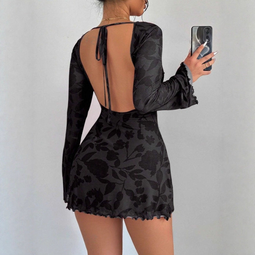 Damen kurzes Kleid mit tiefem Rückenausschnitt und floralem Muster EB