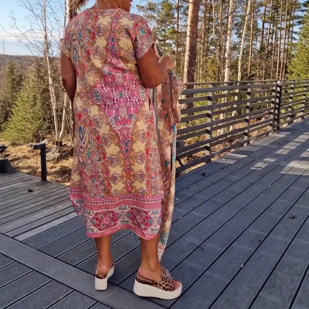 Damen nan luftiges V-Ausschnitt-Kleid im Paisley-Print mit Eingrifftaschen und passendem Pareo EB