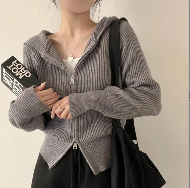 Damen lässige Strickjacke mit Kapuze und Reißverschluss EB