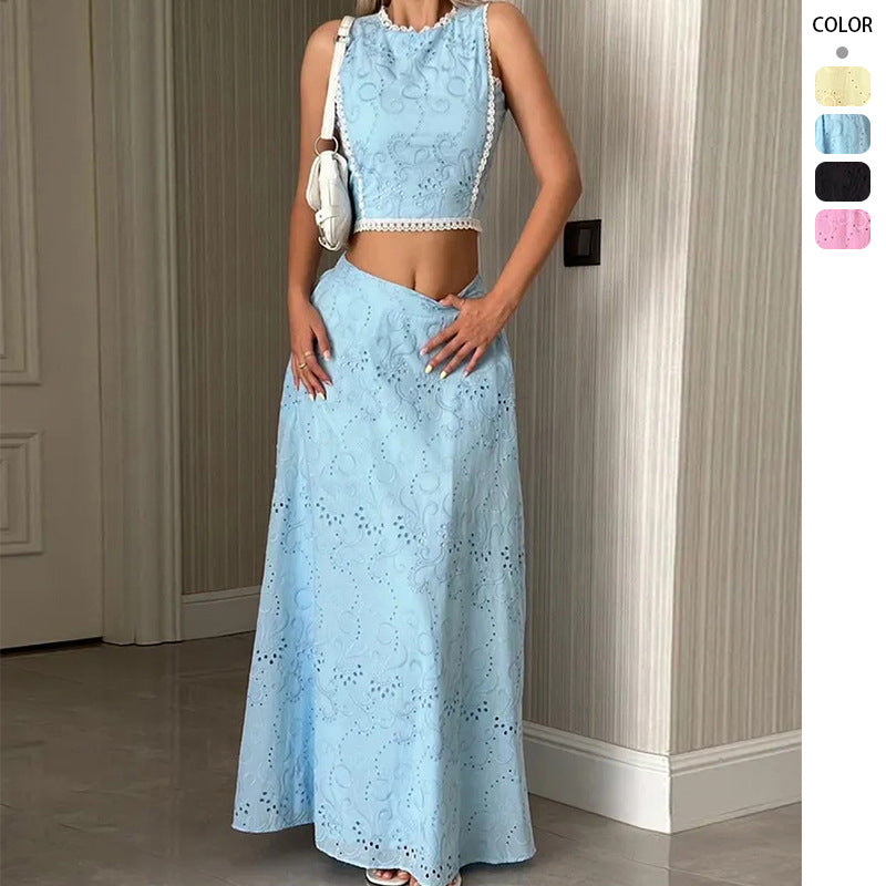 Damen Maxikleid mit filigranem Lochstickmuster und modischem Crop-Oberteil EB