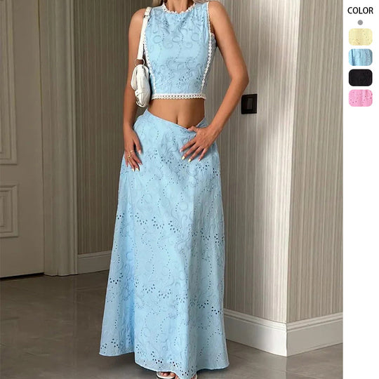 Damen Maxikleid mit filigranem Lochstickmuster und modischem Crop-Oberteil EB