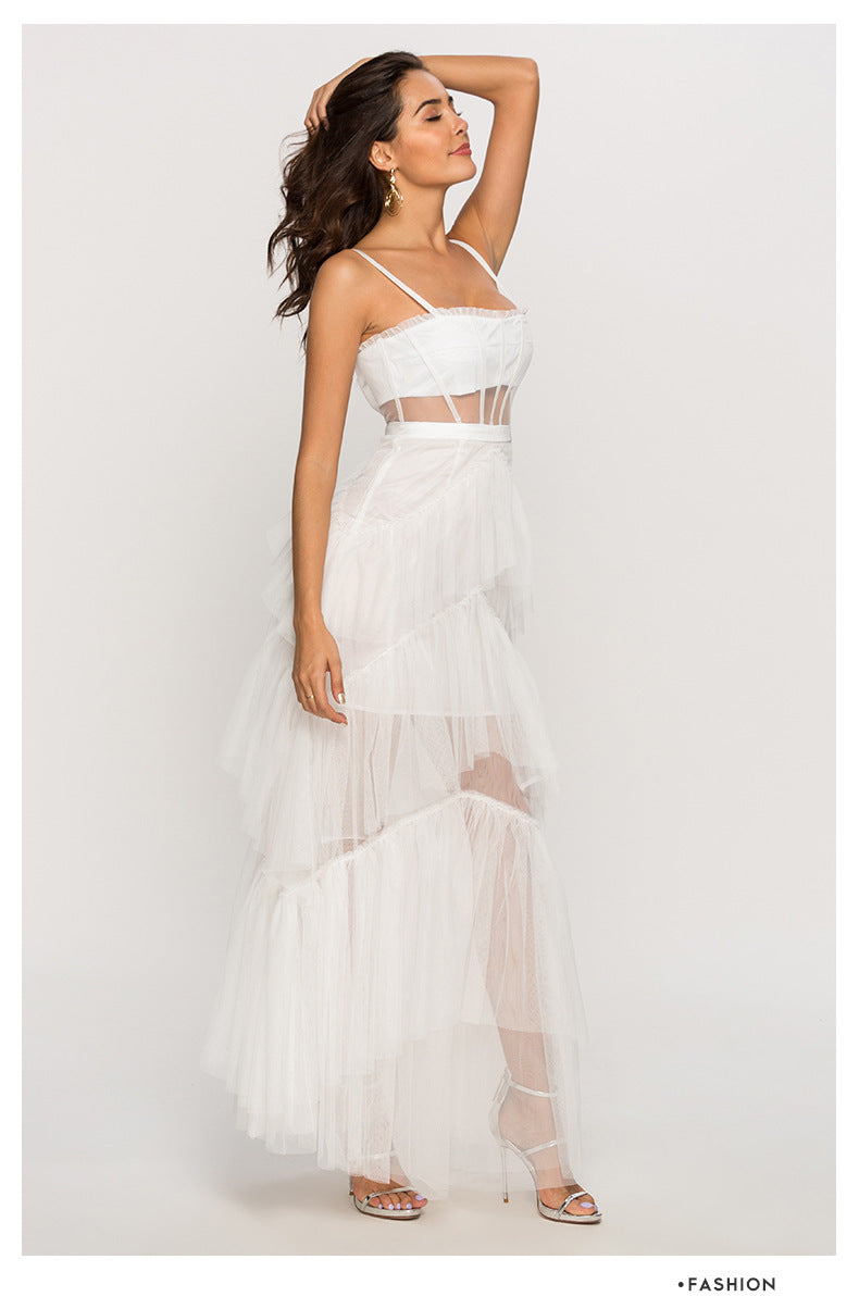 Damen Maxikleid mit mehrlagigem Tüllsaum und transparenter Einsätzen EB