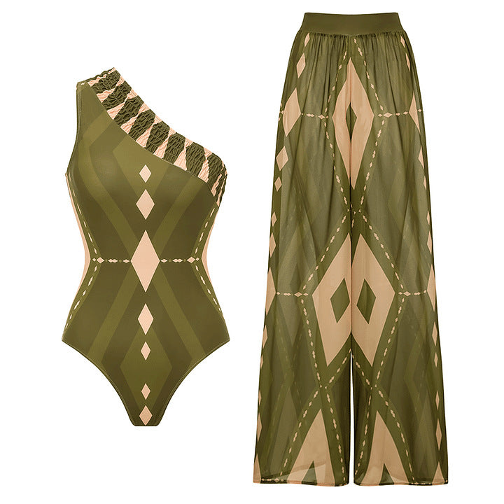 Damen Einteiler Badeanzug mit voluminösem Rüschendesign und passendem Stoffhose EB