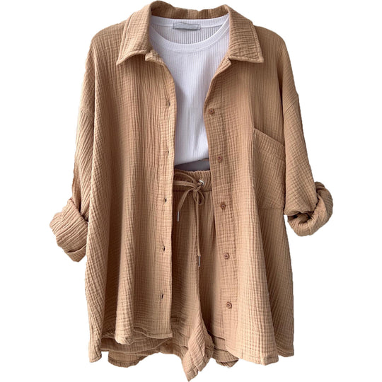 Damen nan lässiges oversized Hemd und Shorts Set mit Brusttasche Kordelbund und gerauter Baumwollstruktur EB