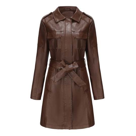 Damen modischer Trenchcoat aus hochwertigem Kunstleder EB