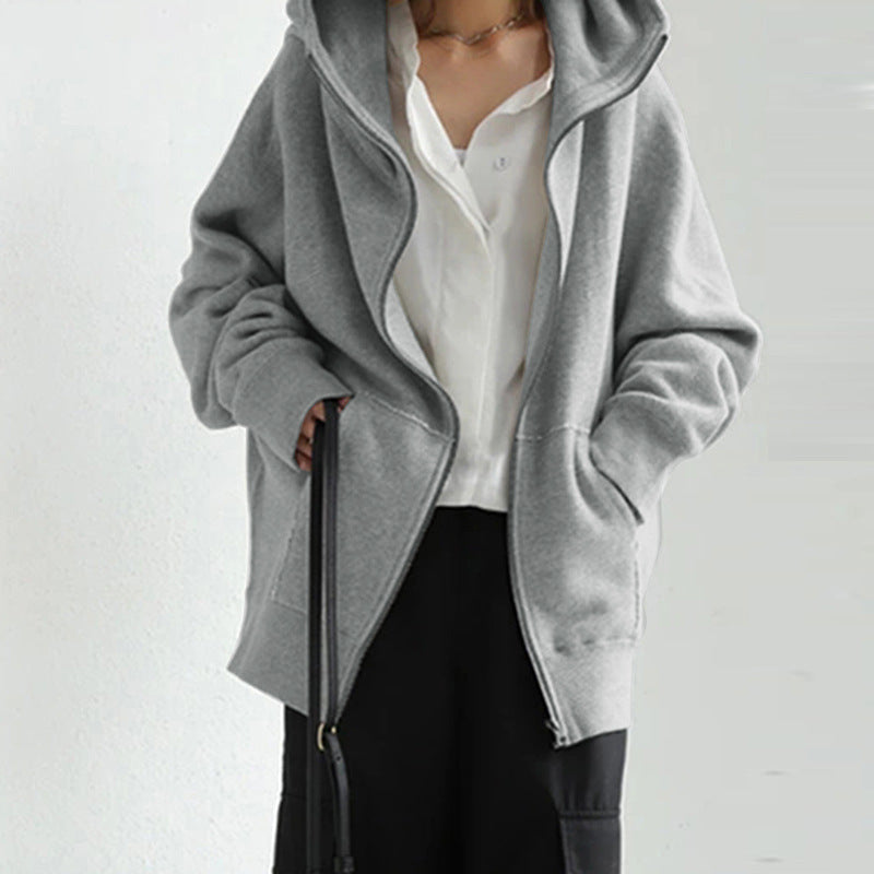 Damen nan übergroße Kapuzenjacke mit Reißverschluss und Kängurutasche aus flauschigem Fleece EB
