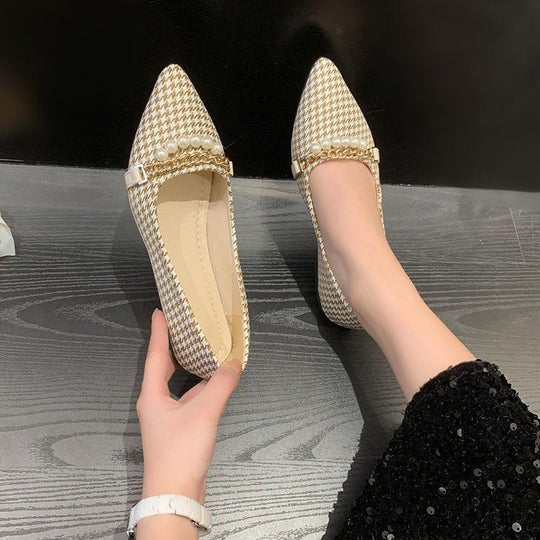 Damen elegante Ballerinas mit modischem Hahnentrittmuster und Perlenschmuck EB
