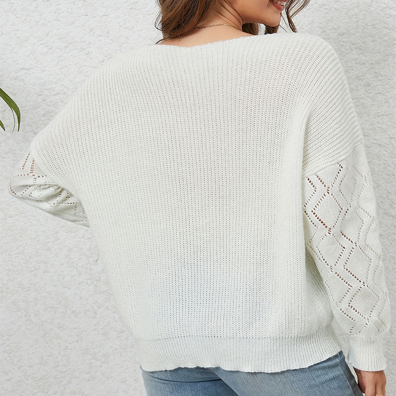 Damen eleganter V-Ausschnitt Pullover mit attraktiven Spitzenärmeln EB