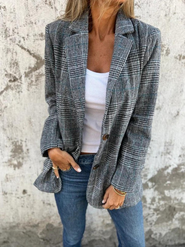 Damen nan oversized Karoblazer mit Reverskragen und aufgesetzten Taschen EB