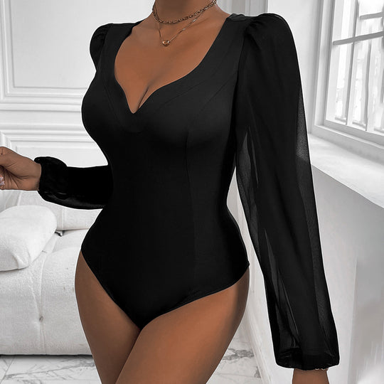 Damen Eleganter Body mit romantischen Puffärmeln und V-Ausschnitt EB