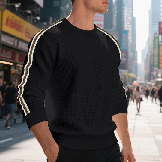 Herren Waffelstrick-Pullover mit kontrastierenden Ärmelstreifen und Rundhalsausschnitt EB